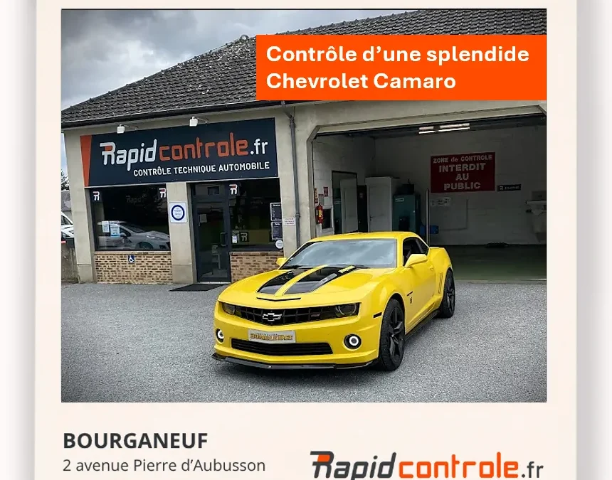 chevrolet camaro jaune devant le centre de controle technique rapidcontrole bourganeuf