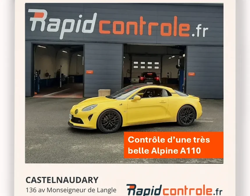 Alpine A110 devant centre de controle technique Castelnaudary